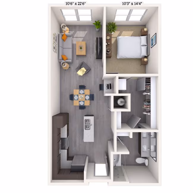 Traditional 1x1 674-875 SF 377 floor plan